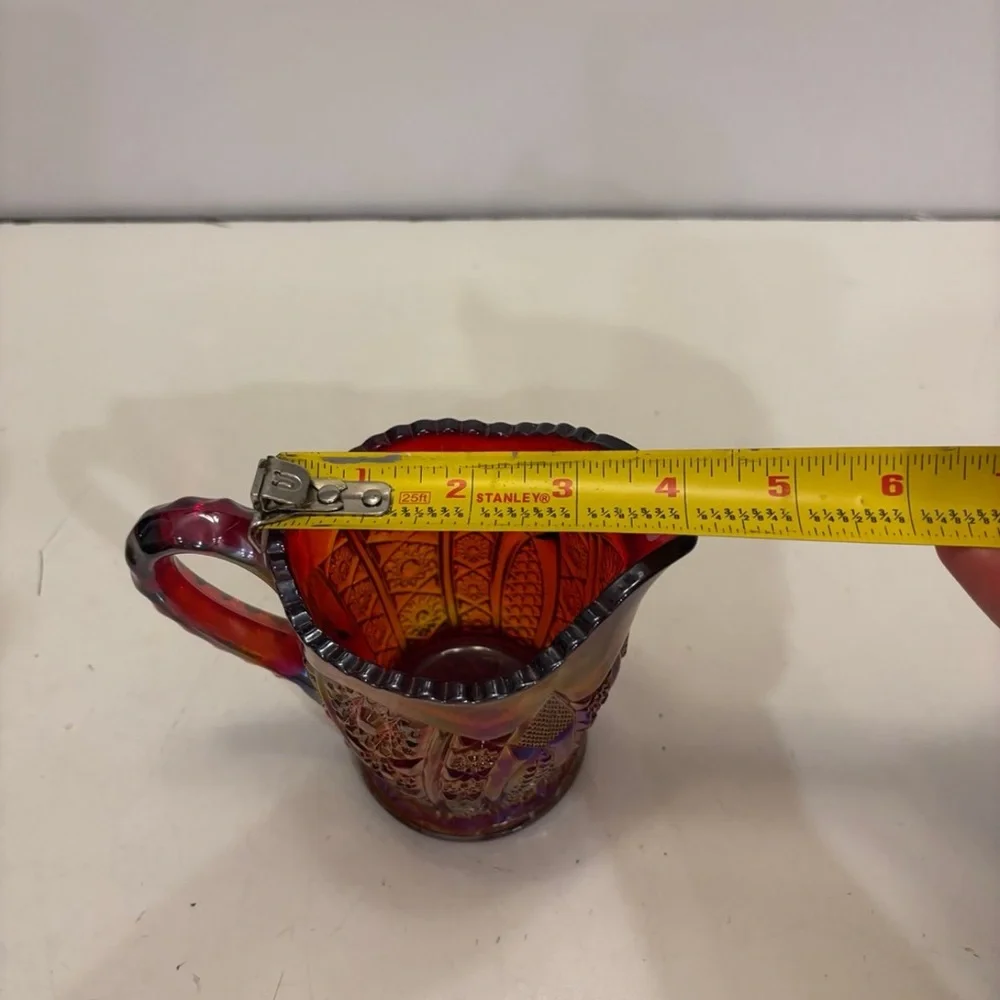 Vtg Indiana Glass Creamer Heirloom Sunset Ruby Iridescent Carnival Glass_10
